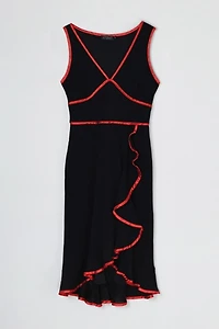 Vintage Y2k Black Midi Dress with Red Satin Bands