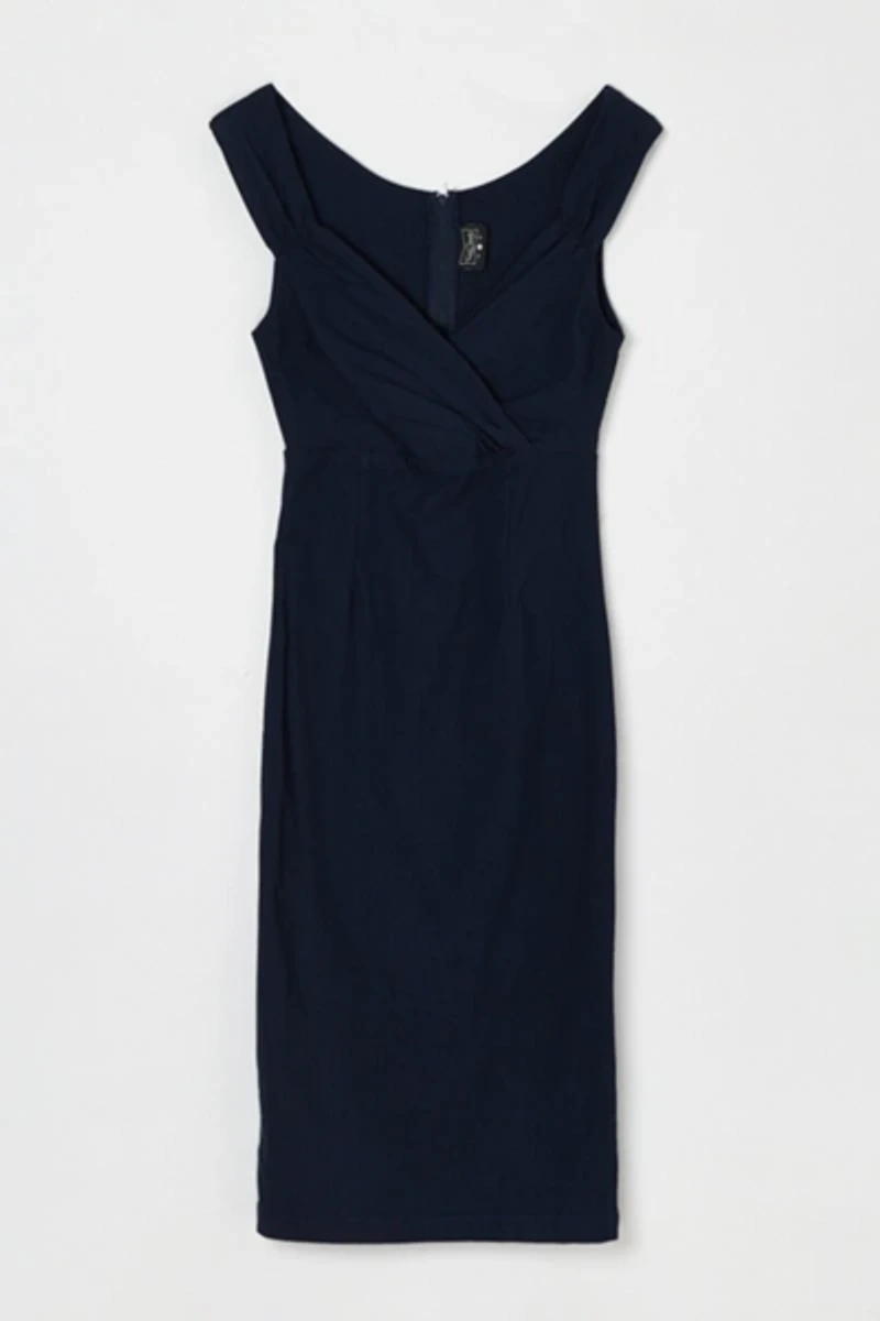 Vintage Y2k Navy Blue Ruched Midi Dress