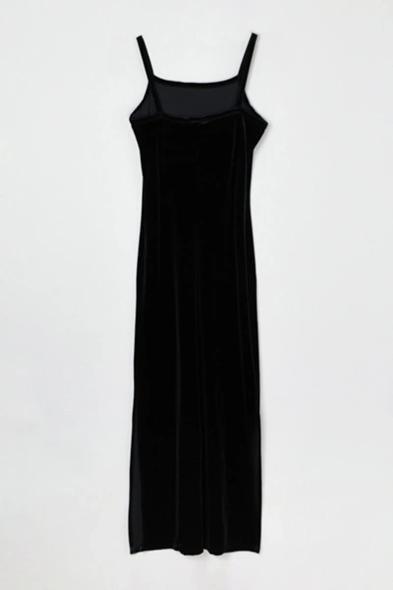 Vintage Y2k Black Velvet Ankle-Length Dress with Glittered Dragon