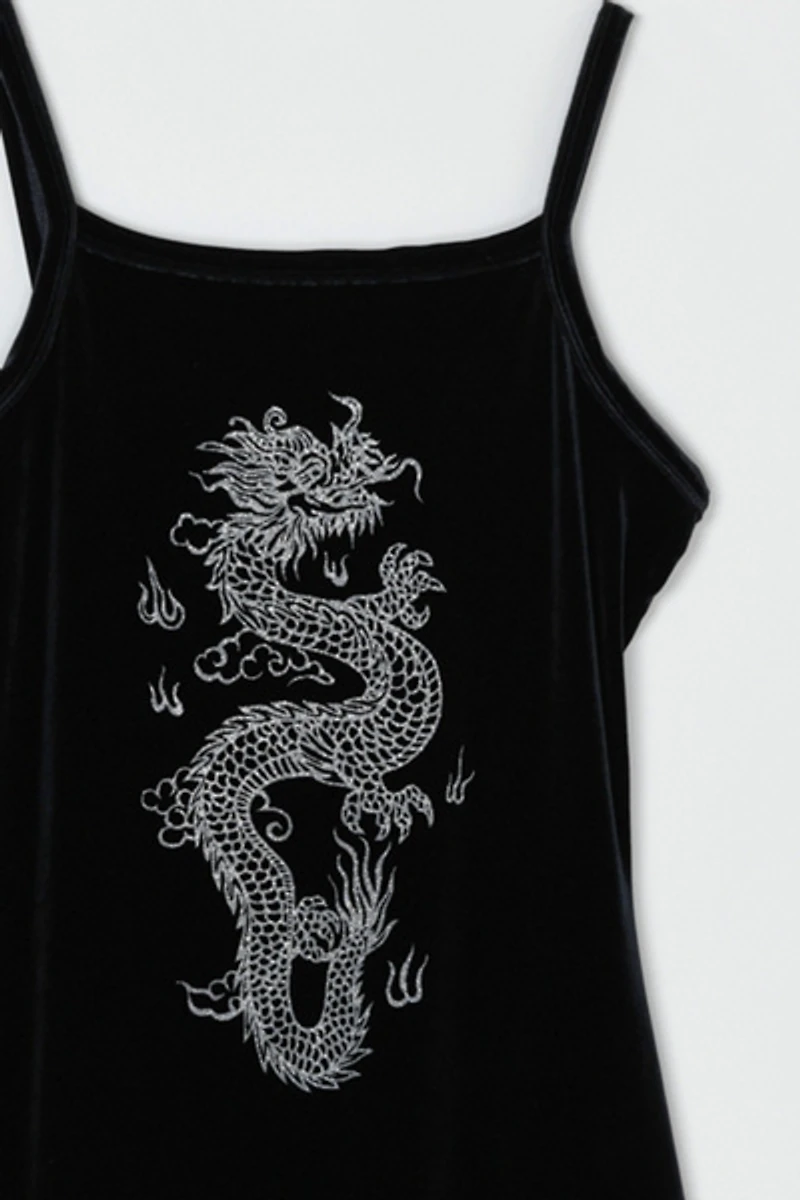 Vintage Y2k Black Velvet Ankle-Length Dress with Glittered Dragon