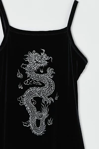 Vintage Y2k Black Velvet Ankle-Length Dress with Glittered Dragon