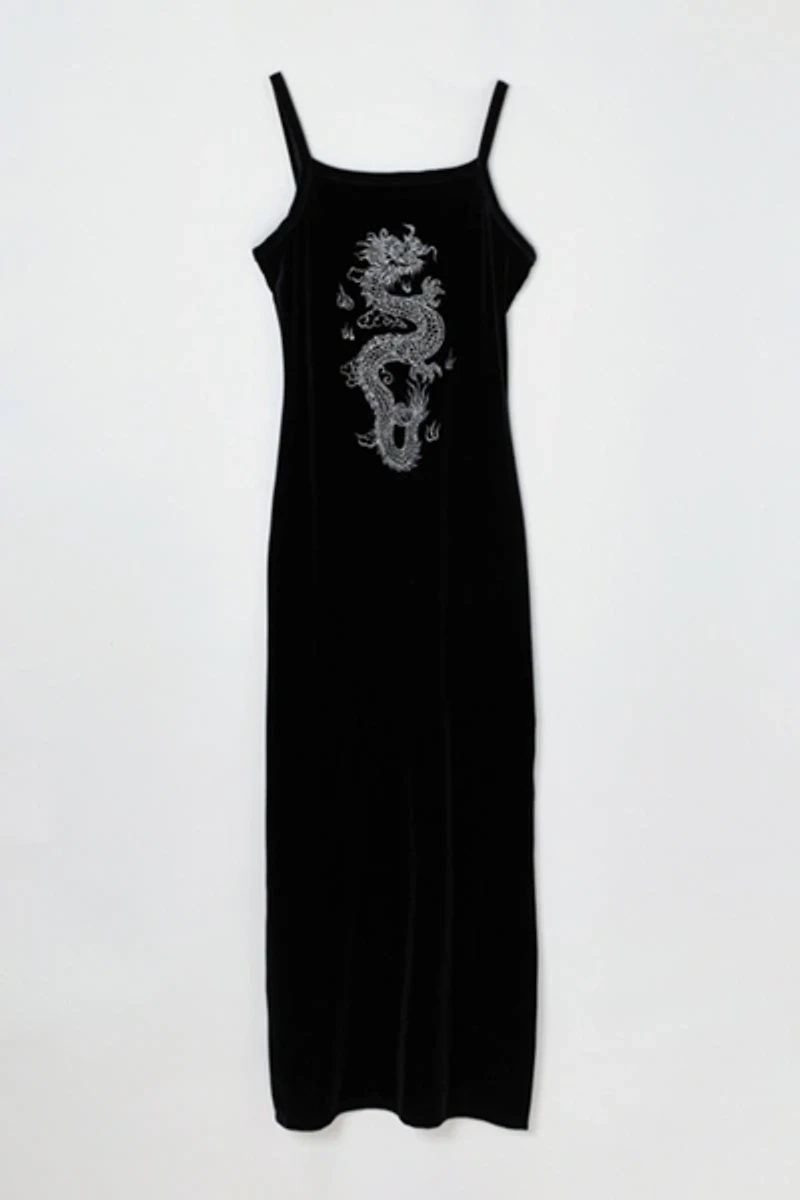 Vintage Y2k Black Velvet Ankle-Length Dress with Glittered Dragon