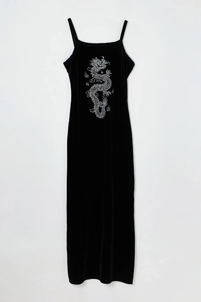 Vintage Y2k Black Velvet Ankle-Length Dress with Glittered Dragon