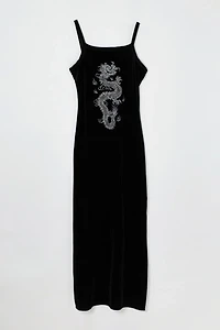 Vintage Y2k Black Velvet Ankle-Length Dress with Glittered Dragon