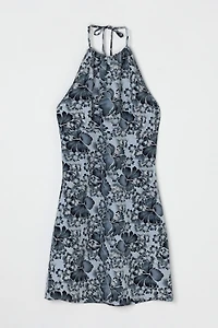 Vintage Y2k Dark Grey Printed Halter Mini Dress
