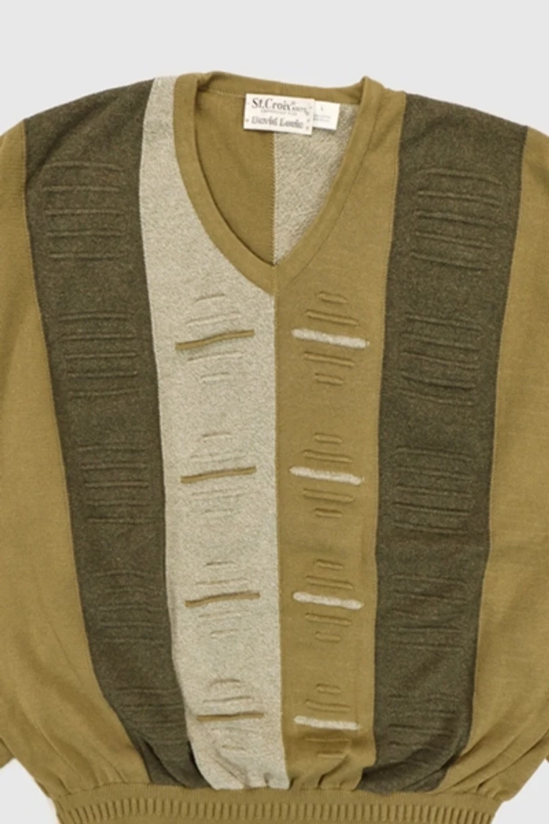 Vintage Green Pattern V-Neck Sweater