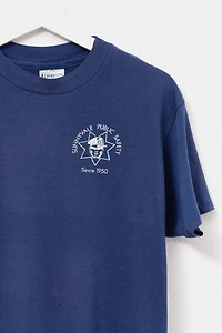 Vintage 1990s Distressed Navy Blue Graphic T-Shirt Made in USA