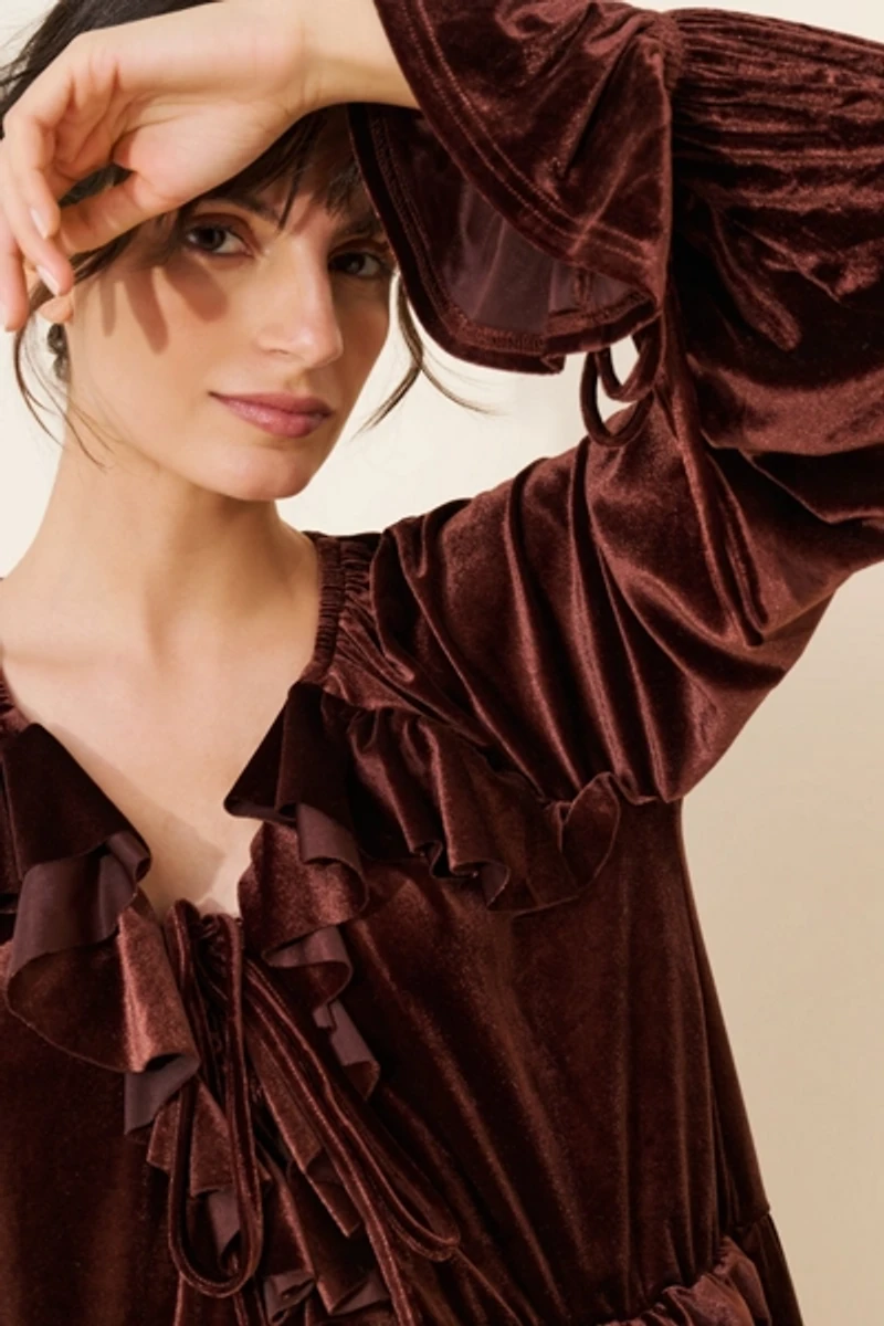 Glamorous Velvet Long-Sleeve Ruffle Mini Dress
