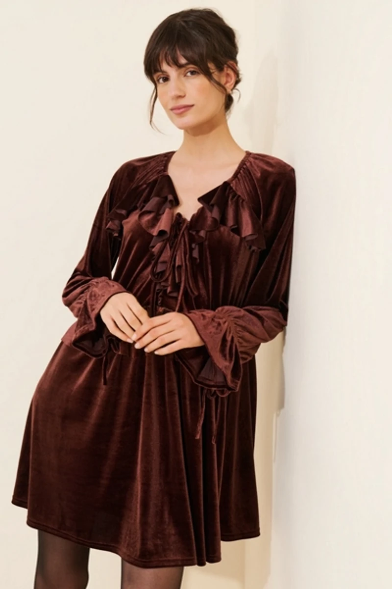 Glamorous Velvet Long-Sleeve Ruffle Mini Dress