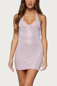 Edikted Avea Rhinestone Mesh Halter Mini Dress