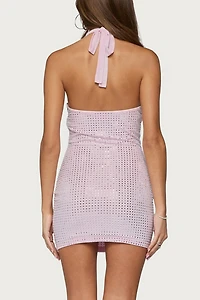 Edikted Avea Rhinestone Mesh Halter Mini Dress