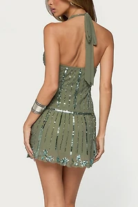 Edikted Bekka Beaded Mesh Halter Mini Dress