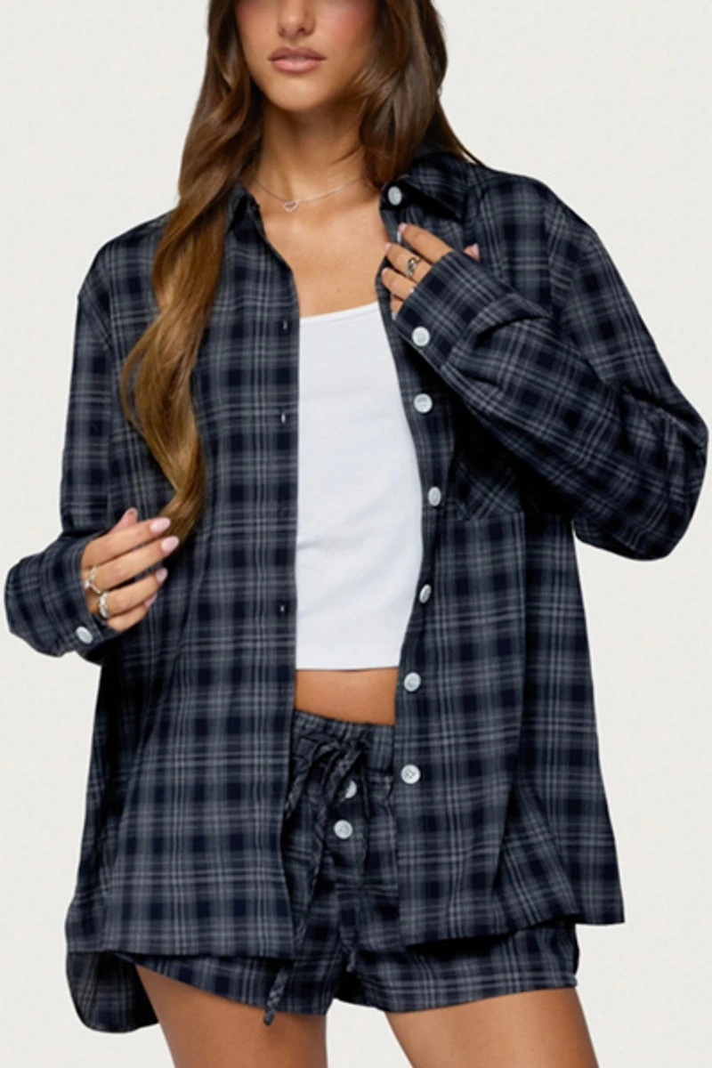 Edikted Alessa Plaid Button Up Long Sleeve Top