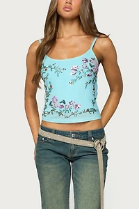 Edikted Blair Floral Bead & Sequin Mesh Top