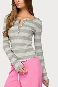 Edikted Dea Striped Long Sleeve Henley T Shirt