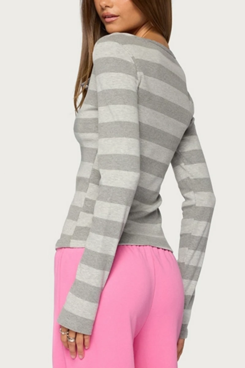 Edikted Dea Striped Long Sleeve Henley T Shirt