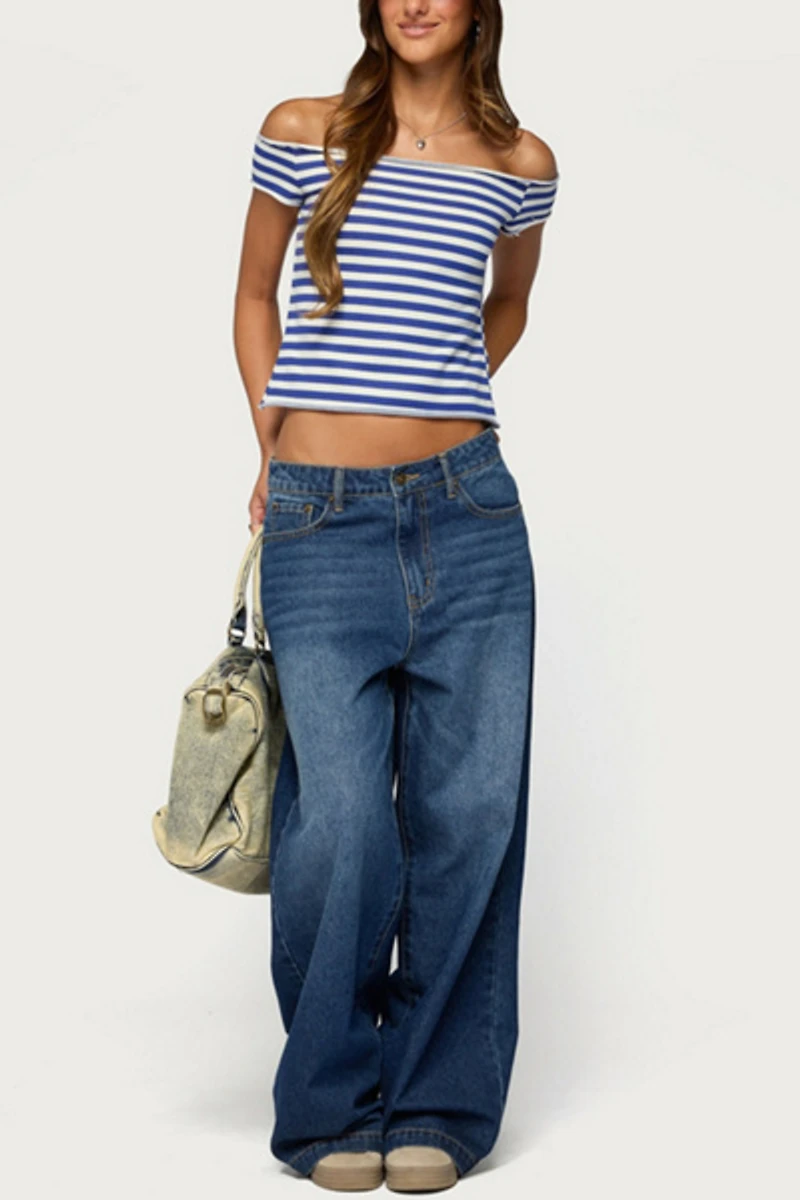 Edikted French Terry Striped Off Shoulder Top