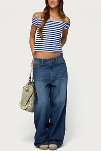Edikted French Terry Striped Off Shoulder Top