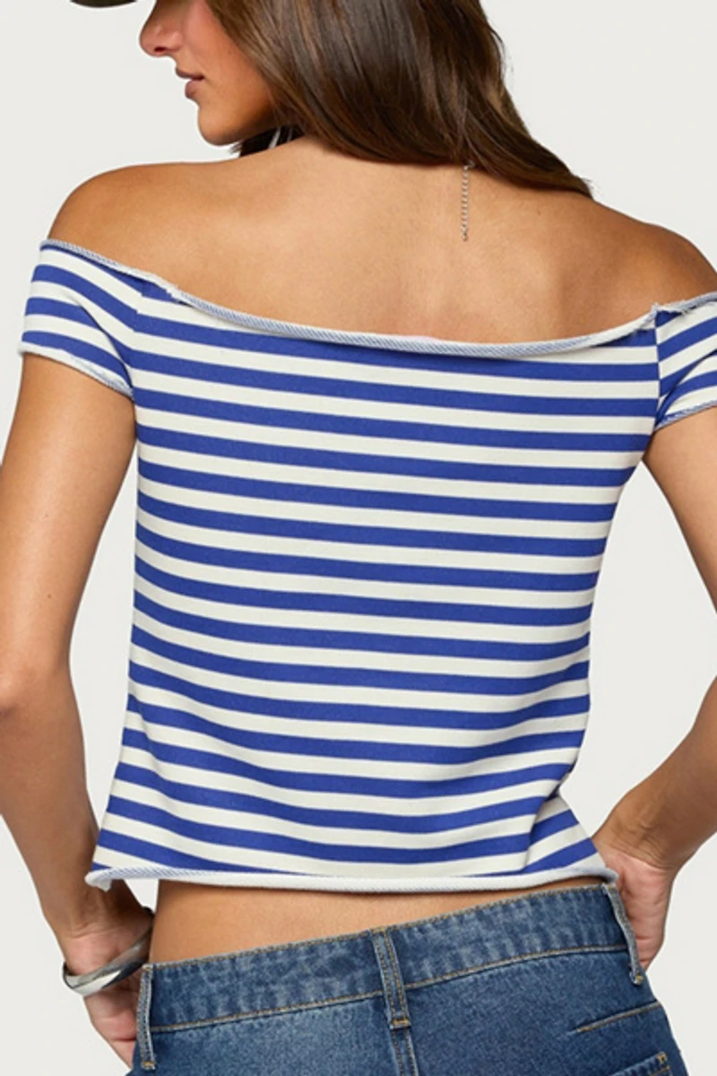 Edikted French Terry Striped Off Shoulder Top