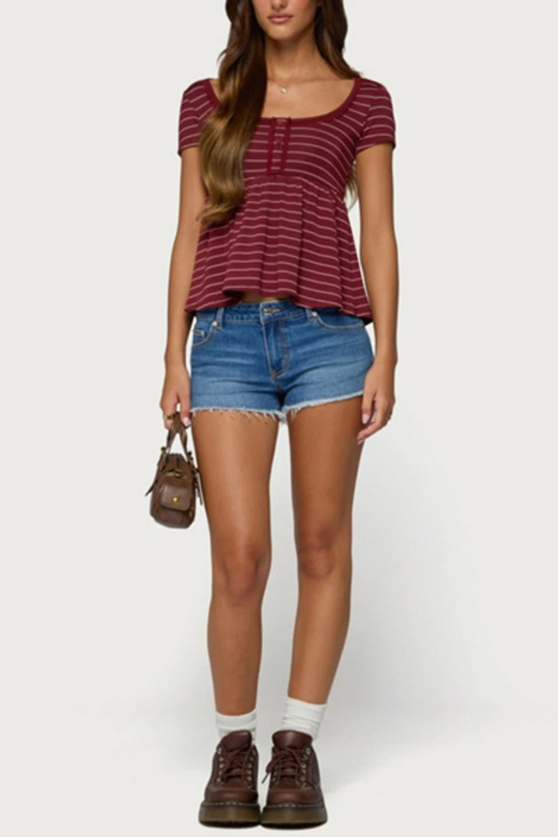 Edikted Jina Lacey Striped Babydoll Henley Top