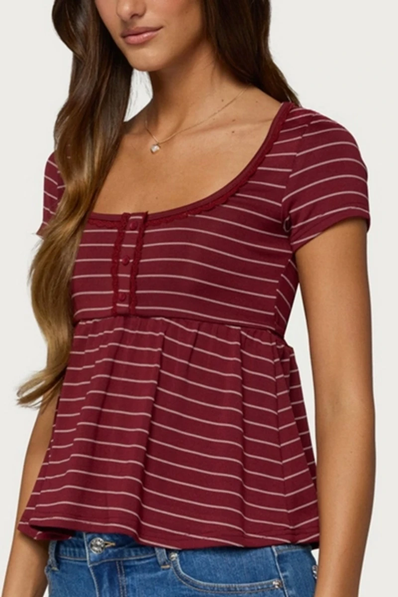 Edikted Jina Lacey Striped Babydoll Henley Top