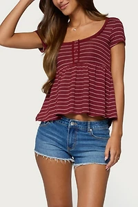 Edikted Jina Lacey Striped Babydoll Henley Top