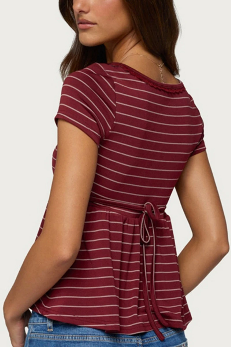 Edikted Jina Lacey Striped Babydoll Henley Top