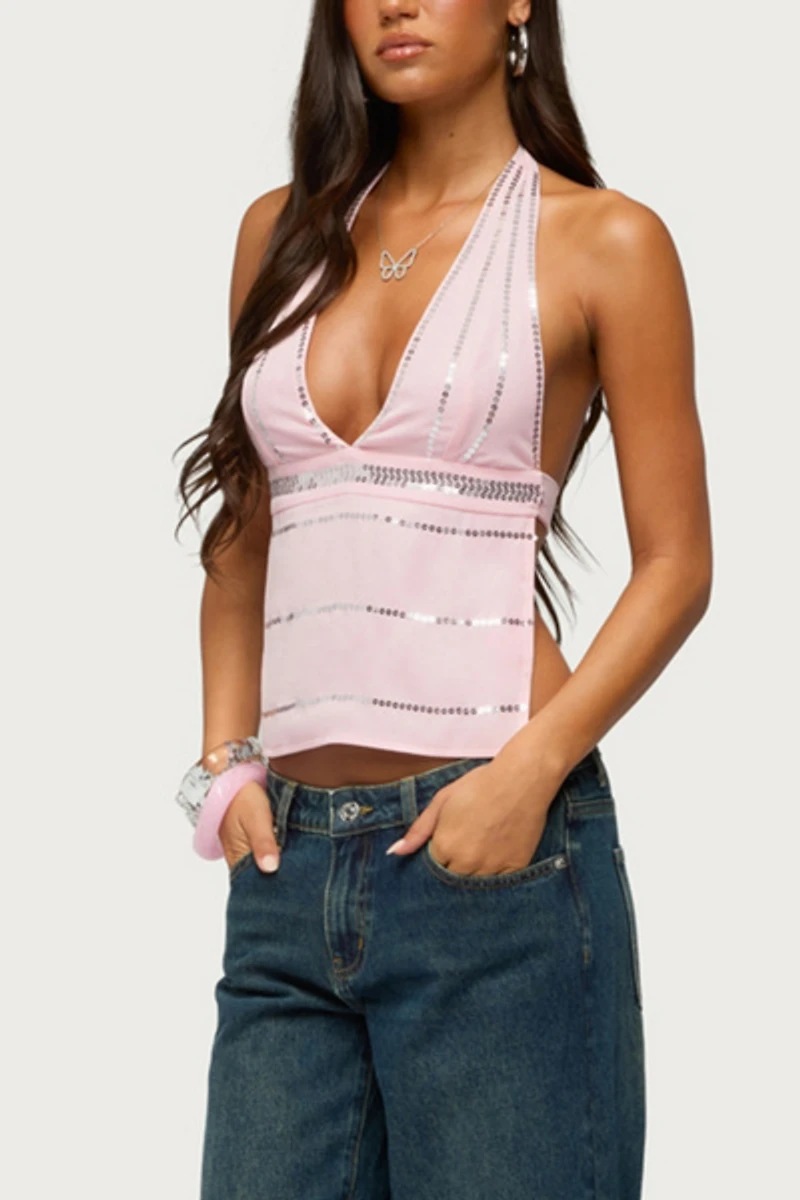 Edikted Roey Sequin Chiffon Backless Top
