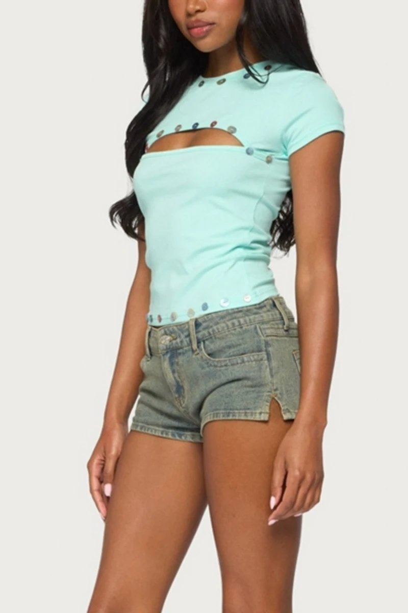 Edikted Suda Iridescent Button Cutout T Shirt
