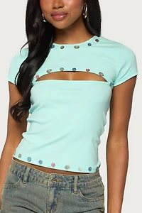 Edikted Suda Iridescent Button Cutout T Shirt