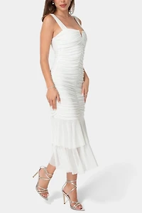 Bebe V-neck Ruched Mesh Flounce Midi Dress