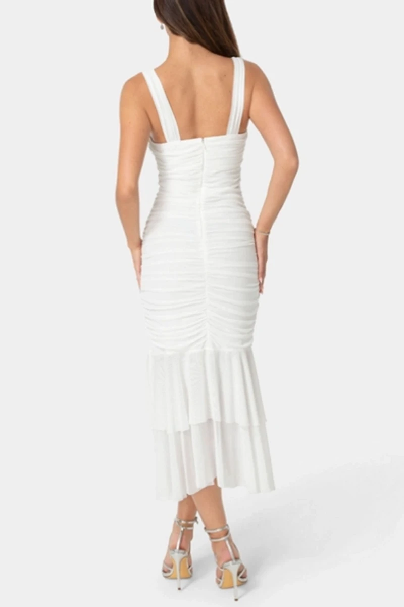 Bebe V-neck Ruched Mesh Flounce Midi Dress