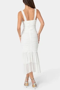 Bebe V-neck Ruched Mesh Flounce Midi Dress