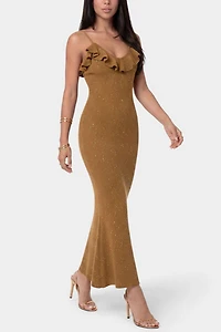 Bebe Sequin Crochet Ruffle Neck Gown