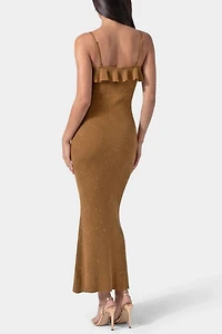 Bebe Sequin Crochet Ruffle Neck Gown