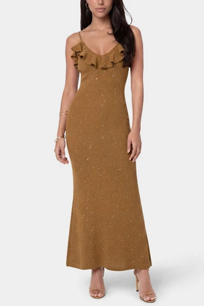 Bebe Sequin Crochet Ruffle Neck Gown
