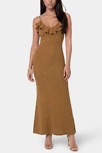Bebe Sequin Crochet Ruffle Neck Gown