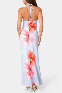 Bebe Printed Cowl Halter Maxi Dress