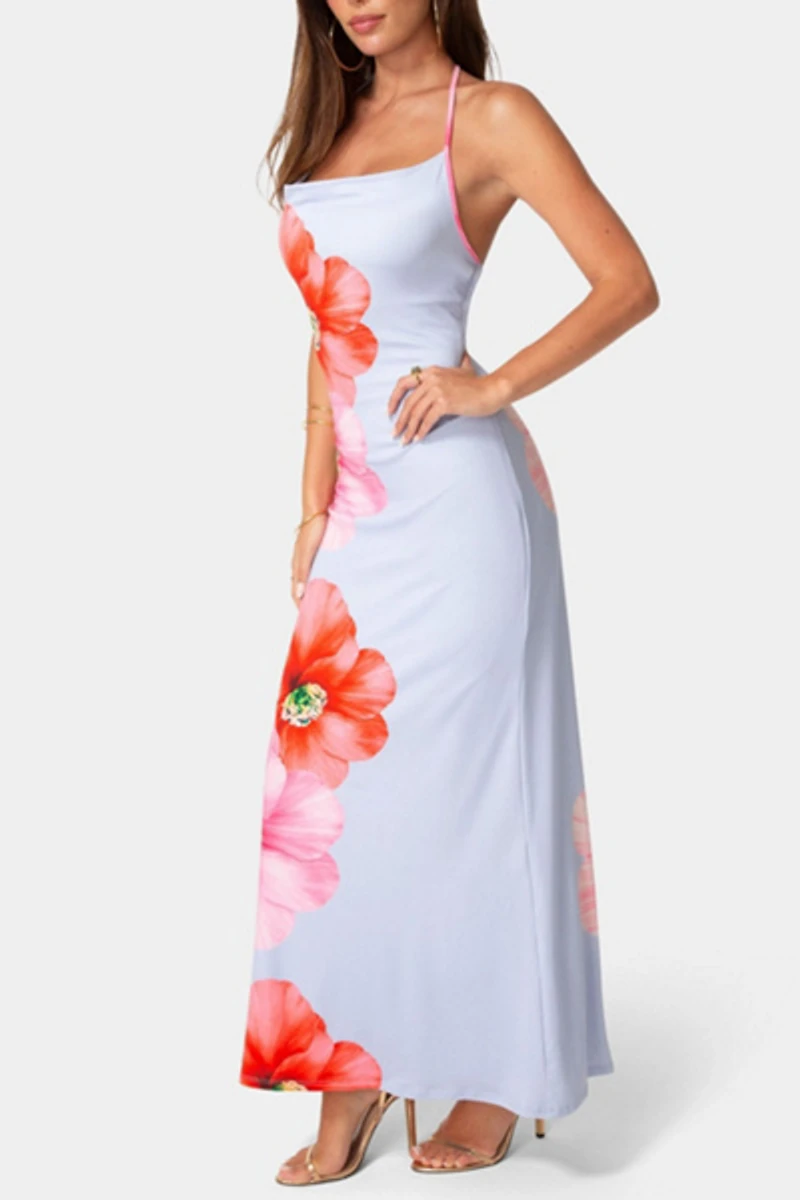 Bebe Printed Cowl Halter Maxi Dress