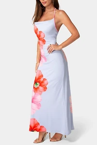 Bebe Printed Cowl Halter Maxi Dress