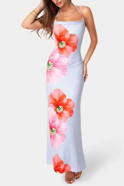 Bebe Printed Cowl Halter Maxi Dress