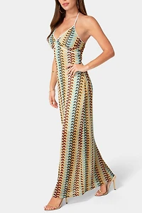 Bebe Crochet Stripe Halter A-line Maxi Dress