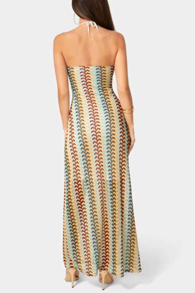 Bebe Crochet Stripe Halter A-line Maxi Dress