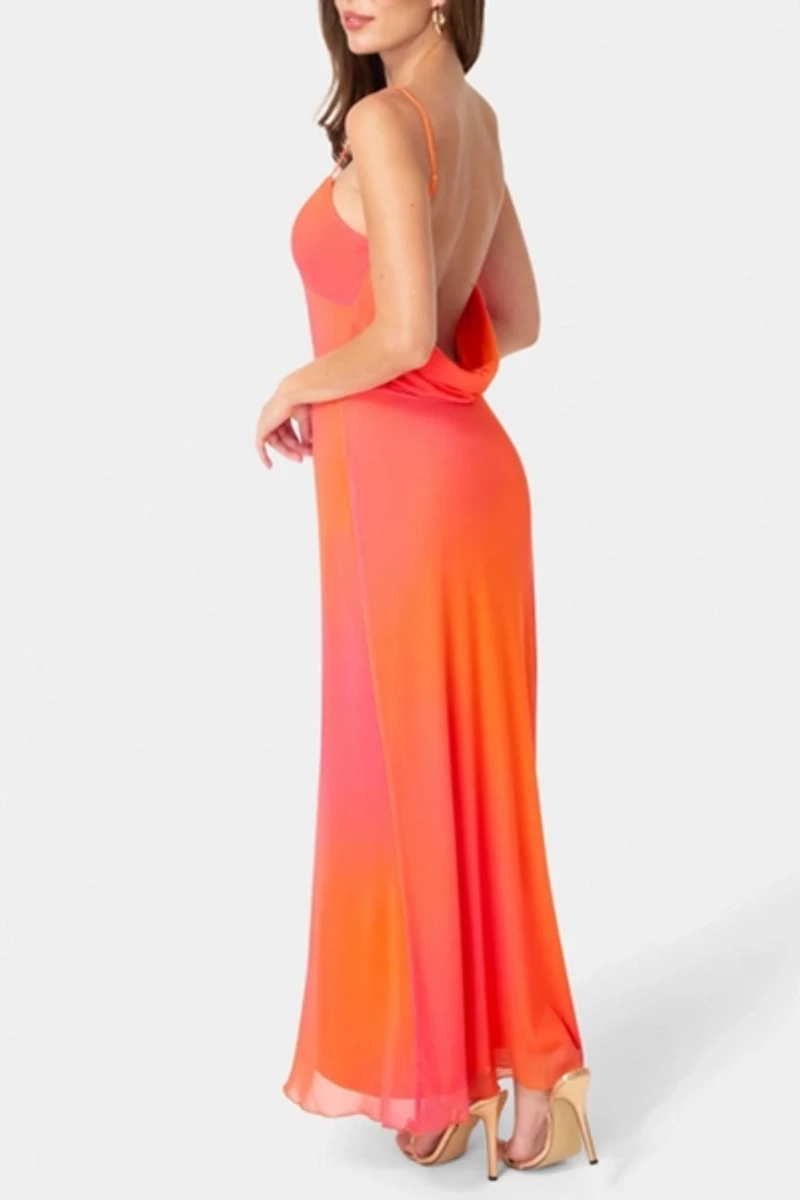 Bebe Printed Mesh Drape Back Maxi Dress