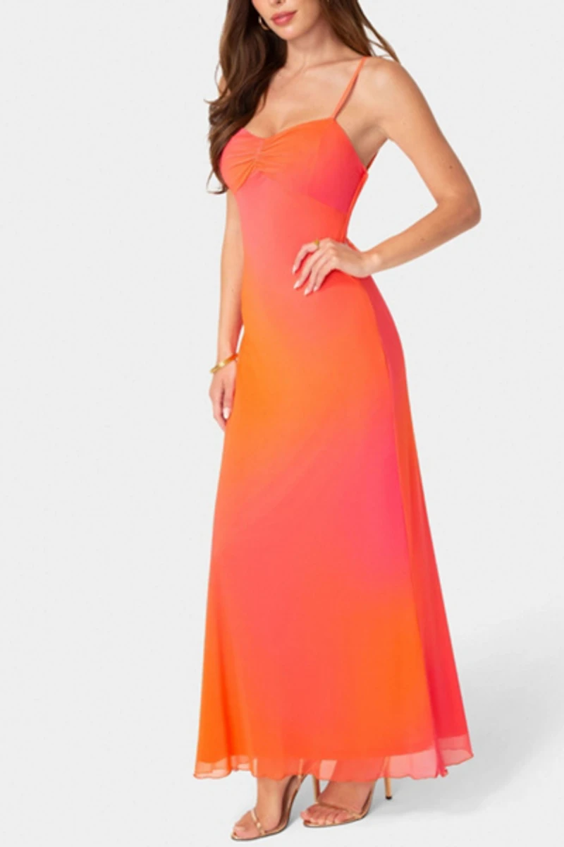 Bebe Printed Mesh Drape Back Maxi Dress