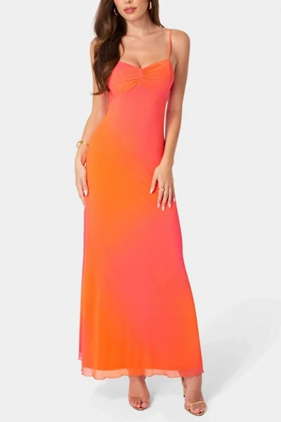 Bebe Printed Mesh Drape Back Maxi Dress