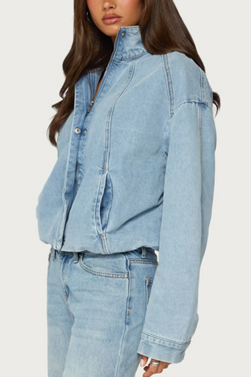 Edikted Jaysi High Neck Denim Bomber Jacket