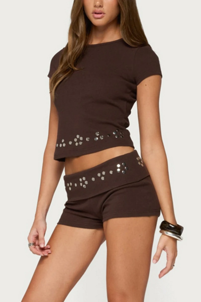 Edikted Fontey Studded Ribbed Foldover Shorts