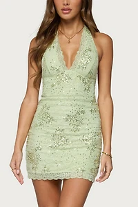 Edikted Helda Sequin Lace Halter Mini Dress