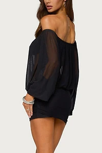 Edikted Jorie Sheer Mesh Off Shoulder Bubble Dress